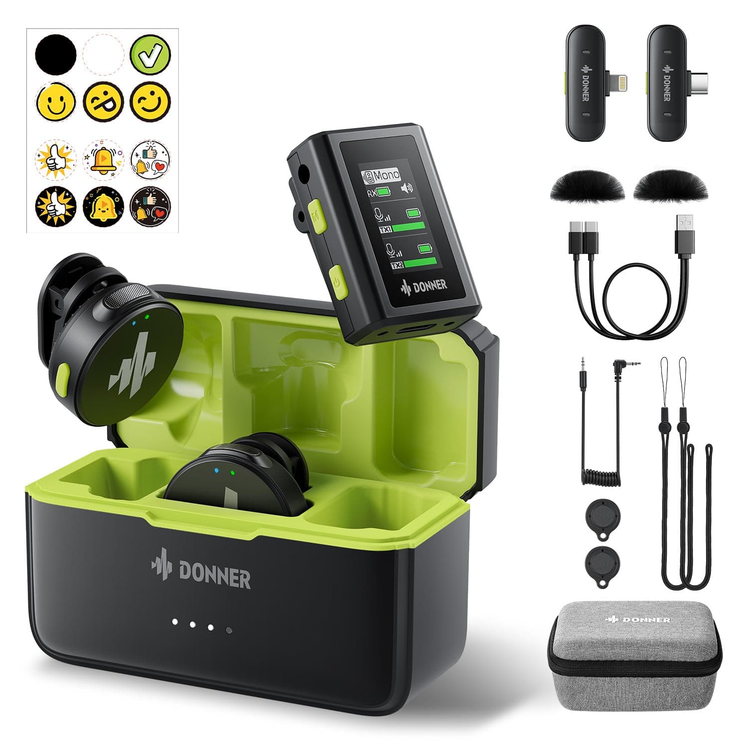 Donner VPM-20 Wireless Lavalier Microphone for USB-C/Lightning iPhone iPad Android Camera, with Charging Box, Dual-Channels Mics, Plug-Play, 1000ft Range, 48KHz 24Bit, Noise Cancellation, 40h Use Max