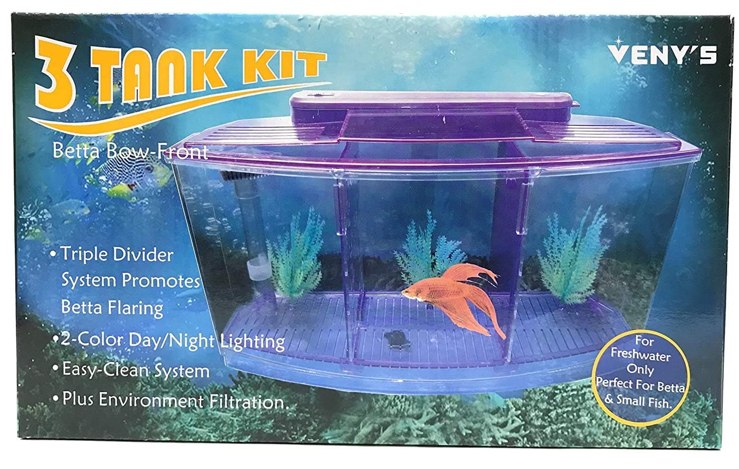 Mini Betta/Fighter Fish Tank with Three compartments and 2 Color Changeable LED Lights - Central Fish Aquarium