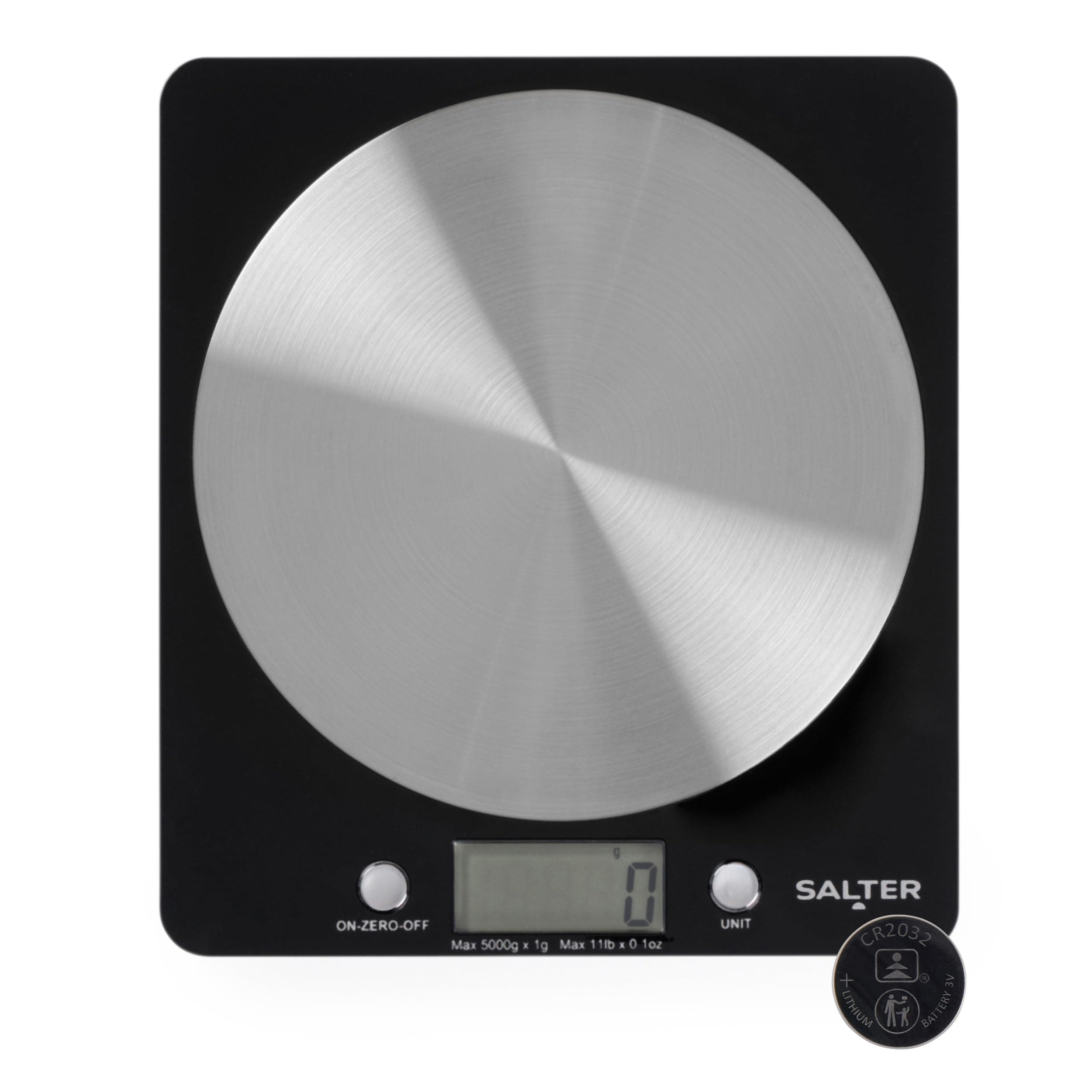 Salter 1036 BKSSDR Electronic Kitchen Scale – Digital Baking Scale with 5kg Capacity, Food Weighing Scale with Stainless Steel Disc Platform, LCD Display, Add & Weigh/Tare Function, Measure Liquids