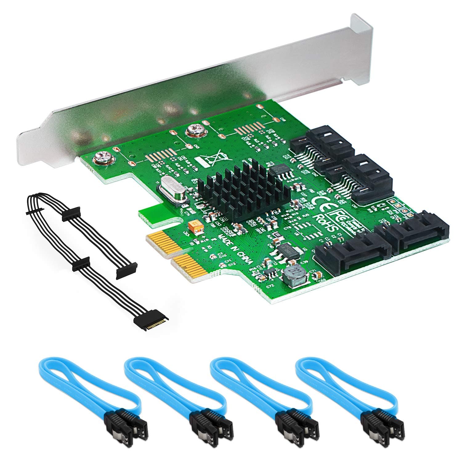 QNINE SATA RAID Card 4 Port, PCIe SATA Controller Card with a SATA Splitter Cable and 4 SATA Cables, Support RAID 0, RAID 1, RAID 10 and HyperDuo Model, Plug and Play