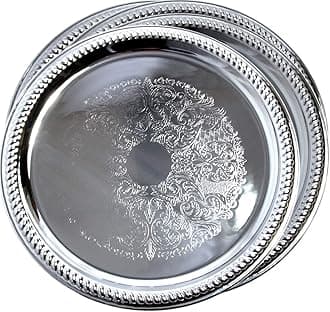 - Maro Megastore (Pack of 4) 14-Inch Traditional Round Floral Pattern Engraved Catering Chrome Plated Serving Tray Mirror Plate Silver Metal Platter Tableware Wedding Birthday (Extra Large) T139-14-4PK