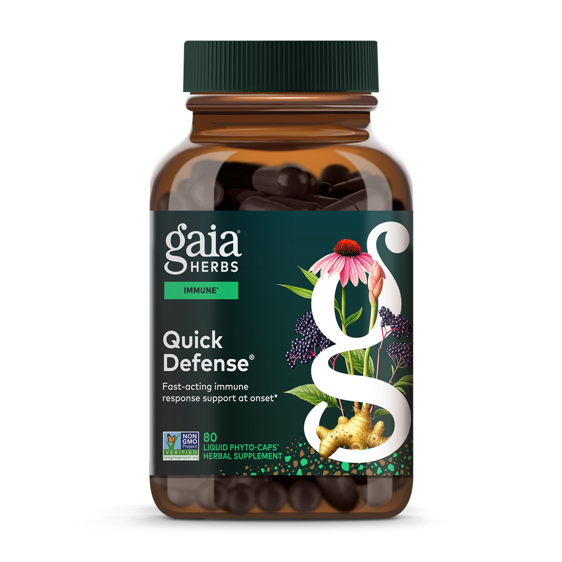 Gaia Herbs Quick Defense - Fast-Acting Immune Support Supplement for Use at Onset of Symptoms - with Echinacea, Black Elderberry, Ginger & Andrographis - 80 Vegan Liquid Phyto-Capsules (8-Day Supply)