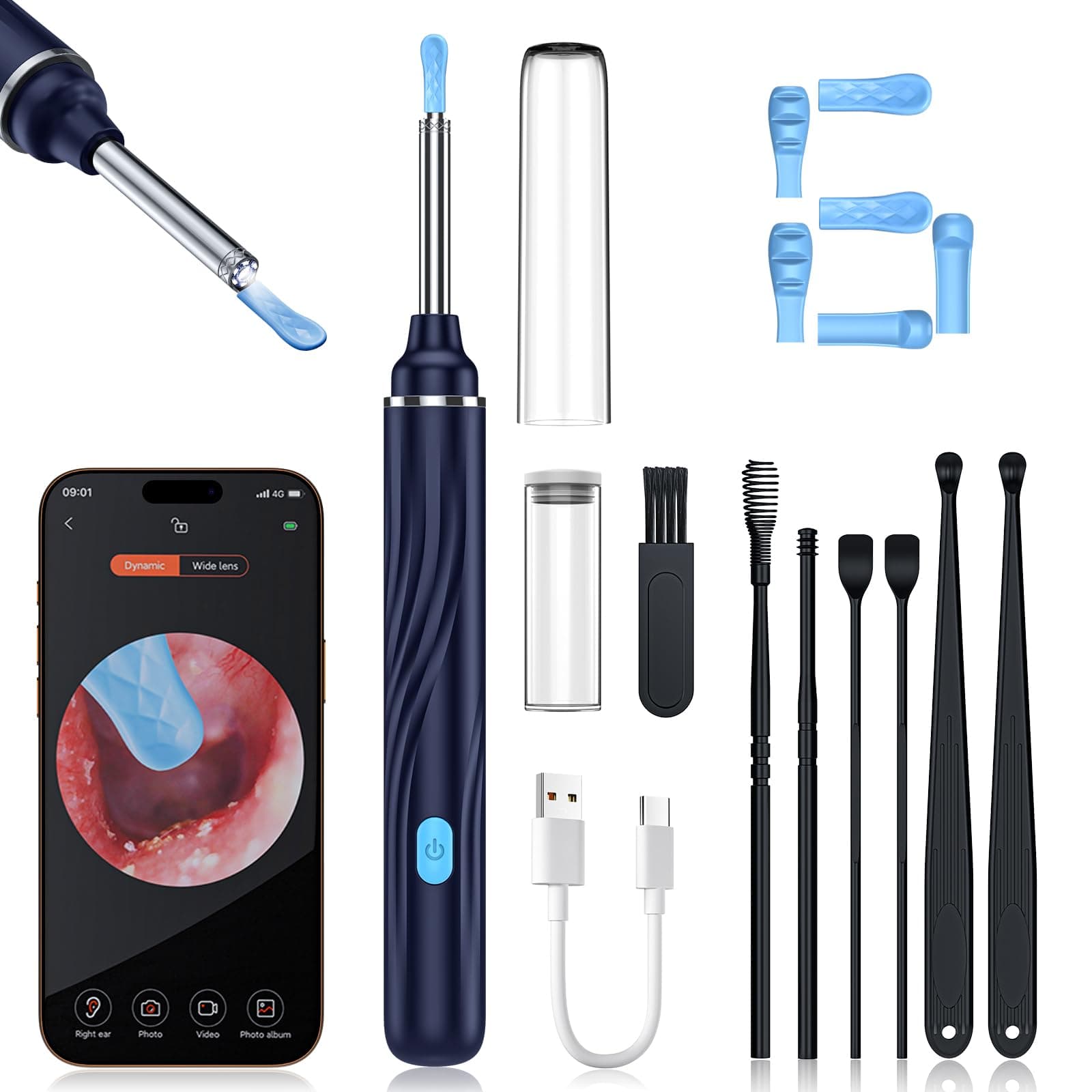 Tomaje Ear Wax Removal Tool Camera, Ear Cleaner with Camera, 1080P HD Ear Camera and 6 LED Light, Ear Wax Removal Kit with 6 Ear Pick, 6 Pcs Ear Set, Ear Camera Wax Removal for iOS & Android, Blue