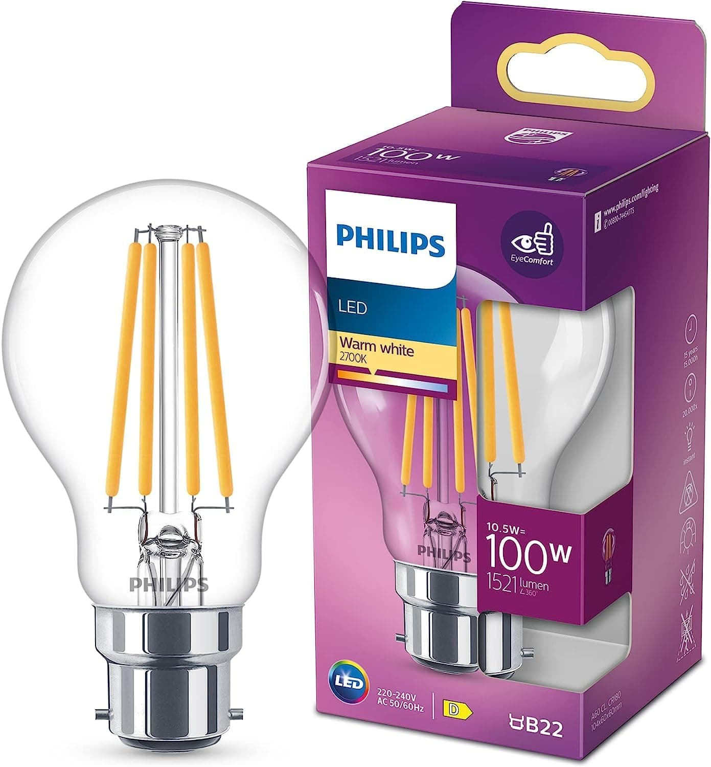 Philips LED Classic A60 Light Bulb [B22 Bayonet Cap] 10.5W - 100W Equivalent, Warm White 2700K, Non Dimmable