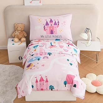 PERFEMET 4 Pcs Twin Bedding Set for Girls Pink Castle Kids Bed in A Bag Comforter Set Ultra Soft Reversible Fairy Tales Themed Bedding Comforter with Sheet Set for All Seasons(Pink, Castle)