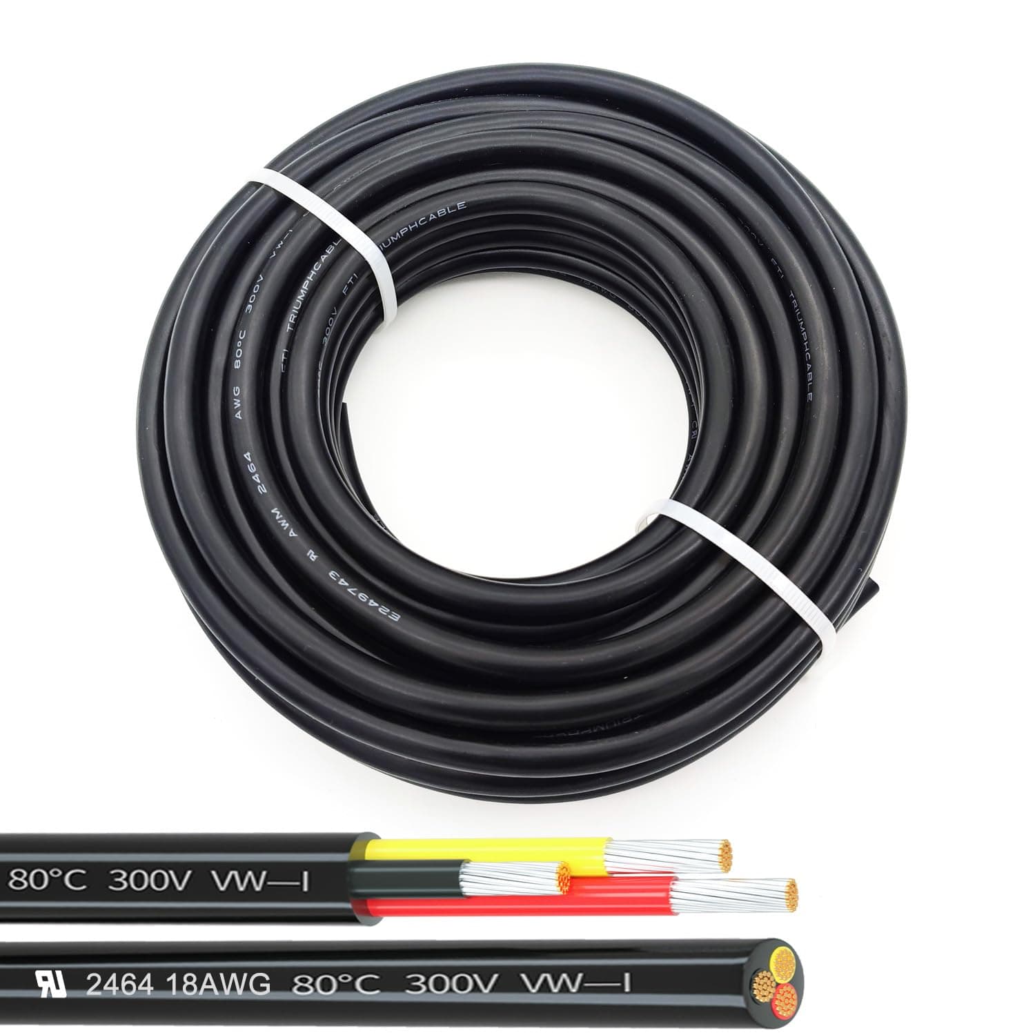 18AWG UL2464 Power Cable Stranded Electrical Wire LED Red & Black & Yellow 3 Conductors tinned Copper (2464-18AWG-3C- 25ft)