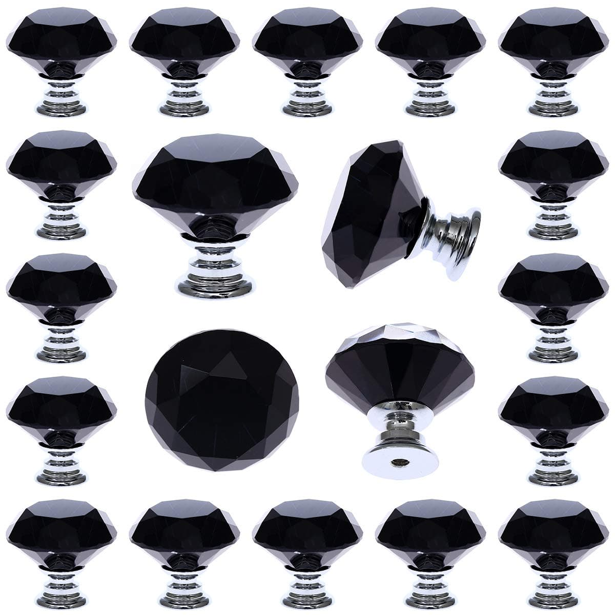 DEELF 25 Packs Kitchen Cabinet Knobs, 30 mm Crystal Cabinet Knobs, Diamond Dresser Handle Drawer Pulls, Dresser Knobs for Cabinets and Drawers, Black
