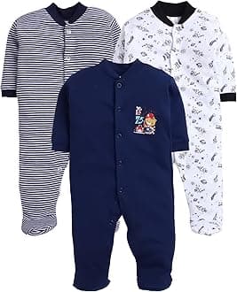 100% Cotton Rompers Sleepsuits Jumpsuit Night Suits for Infants Newborn Baby Boys & Girls, Navy, 0-3 M