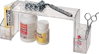 43130 Med+ Plastic High Rise Bathroom Medicine Cabinet Organizer, for Vanity, Prescriptions, Toothbrushes, Toothpaste, Accessories, Cosmetics, Toiletries, 12" x 3" x 5.25", Clear