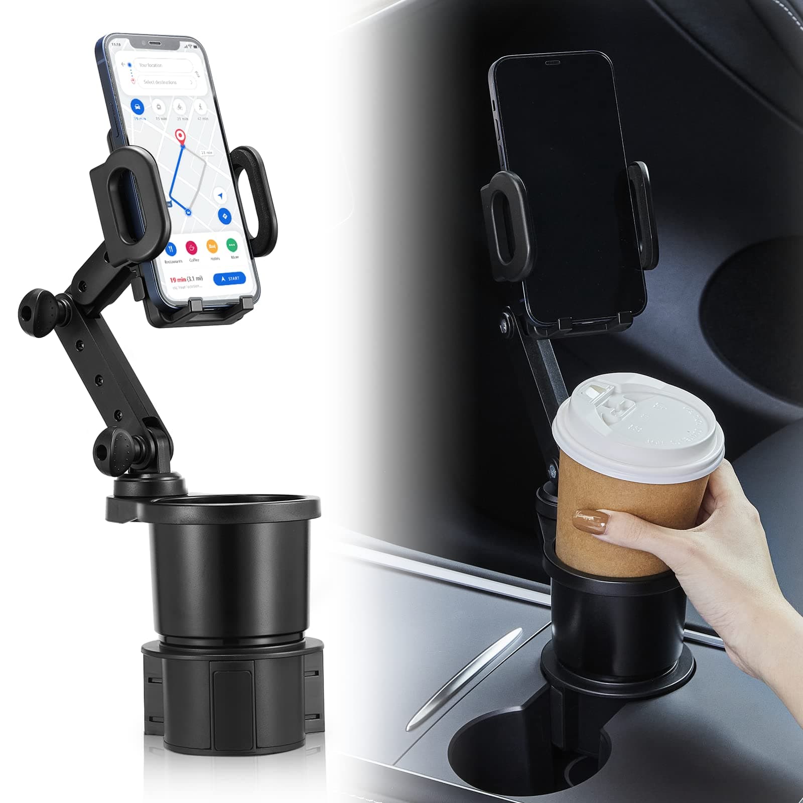 THIS HILL 2-in-1 Cup Holder and Cell Phone Holder - with 360° Rotating Stand and Adjustable Base for All iPhone Models and Smartphones