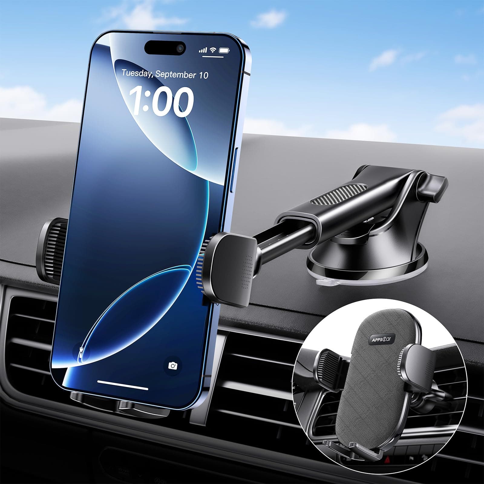 Suction Cup Phone Mount, Windshield/Dashboard/Air Vent Car Phone Holder Mount with Sticky Gel Pad, Compatible with iPhone, Samsung, All Cellphone, Thick Case Friendly