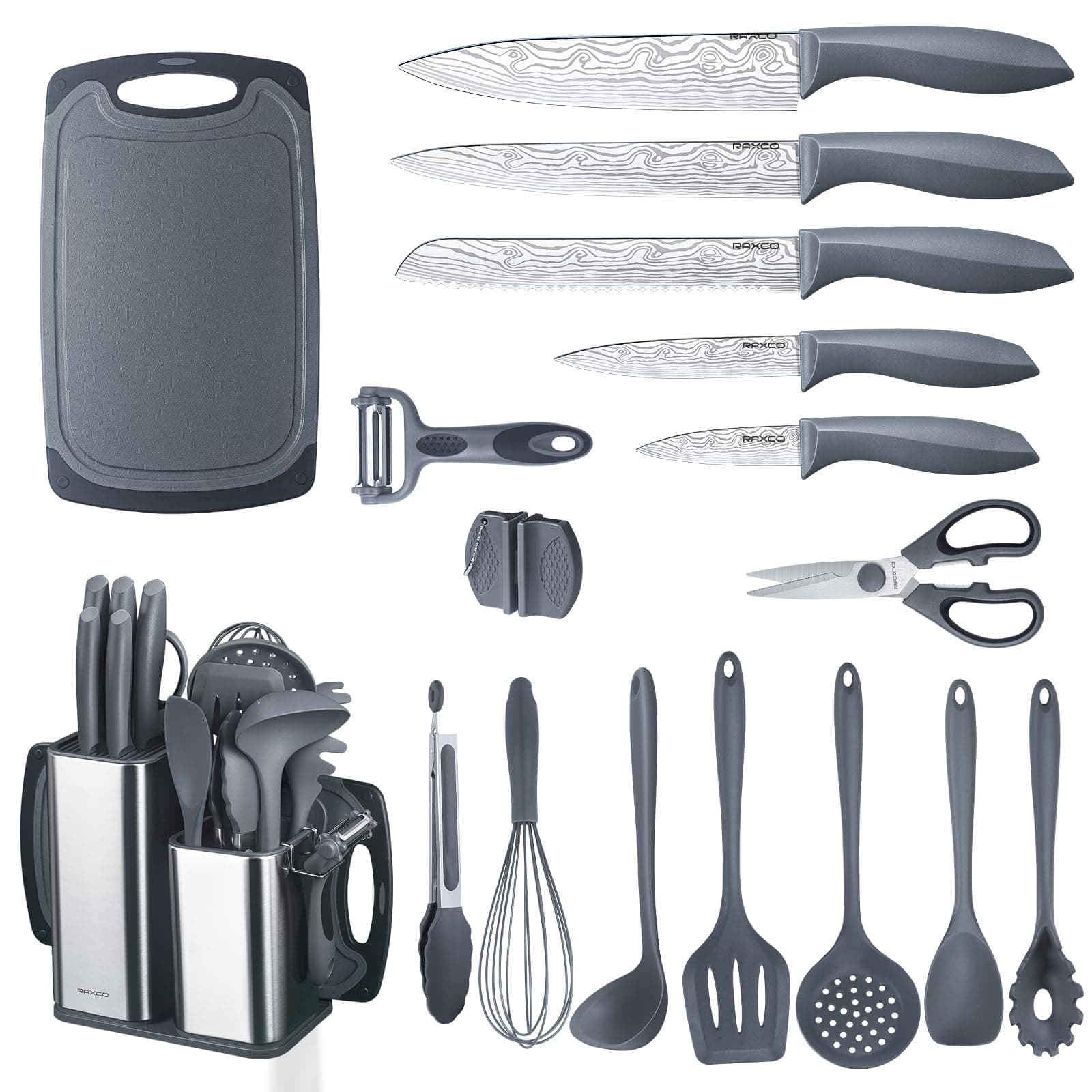 RAXCO Kitchen Set,7-Piece Cooking Utensils,5-Piece Kitchen Gadgets,6-Piece Knife set,Gray