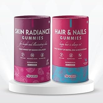 Nirvasa Skin Radiance Gummies and Hair & Nails Gummies Combo | Retains Skin Hydration, Fights Age Factors, Improves Hair Health, Reduces Hair Fall | Sugar & GMO-Free, FSSAI-Certified | 60 + 60 Gummies