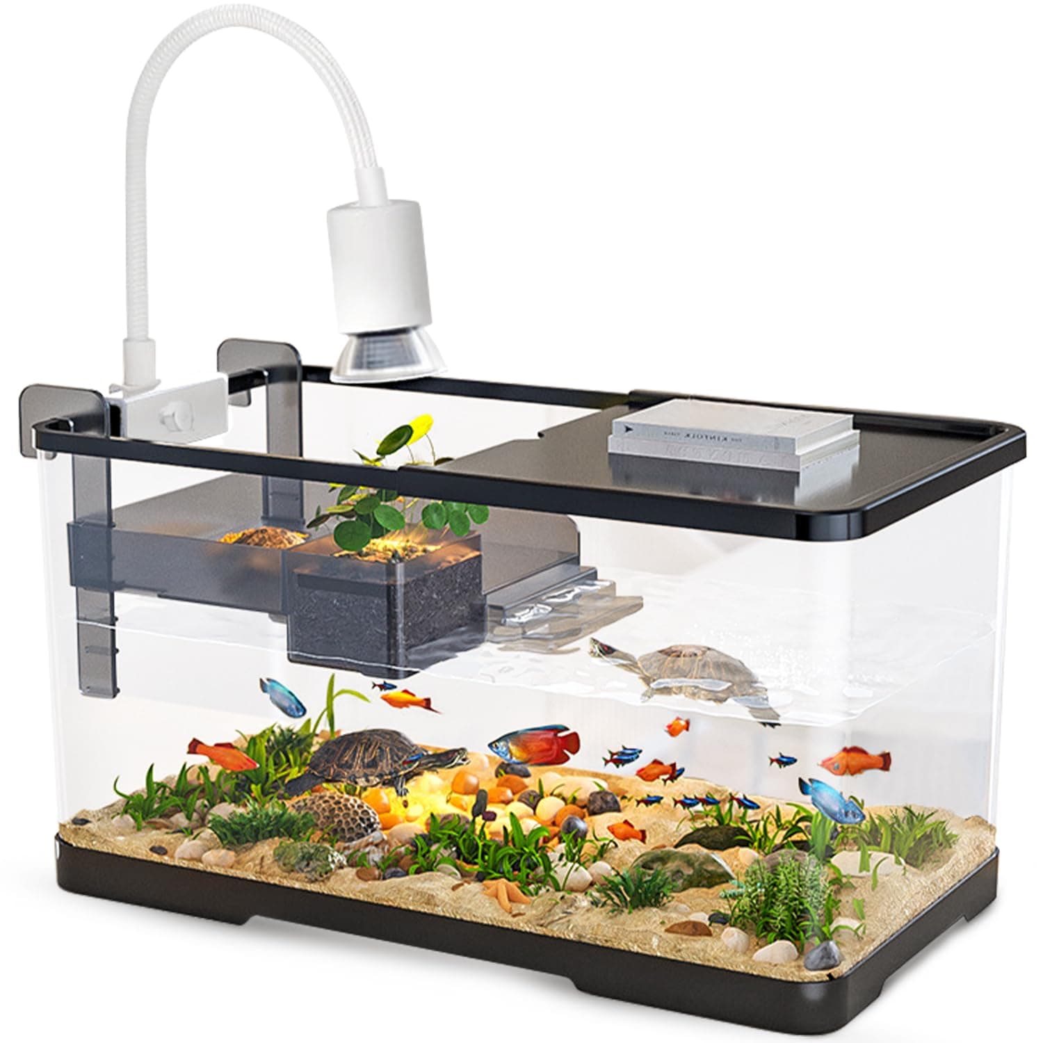 (Tank + Light + Filter + Filter Balls) Turtle Tank Kit, Turtle Tank Starter Kit,Bottom Drainage, Multi-Function Areas for Turtles, Crabs,Fishes, Amphibians,Reptiles. (21.65 × 12.28 × 12.28 Inch)