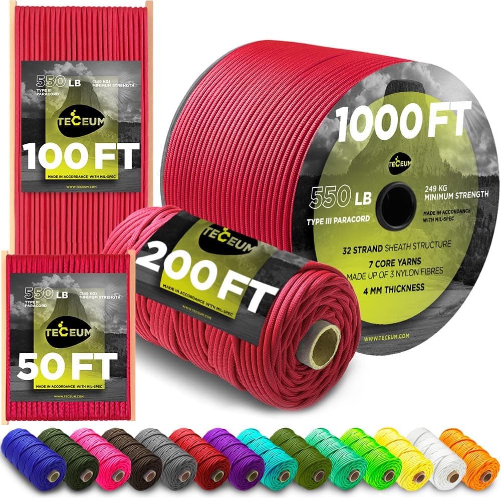 TECEUM 5/32" Paracord Rope 1000 – 1000ft / 200ft / 100ft / 50ft – Tactical Parachute Cord 4mm – 45+ Colors – Nylon String for Survival & Camping Gear – Stripe Cord for Survival – Utility Rope