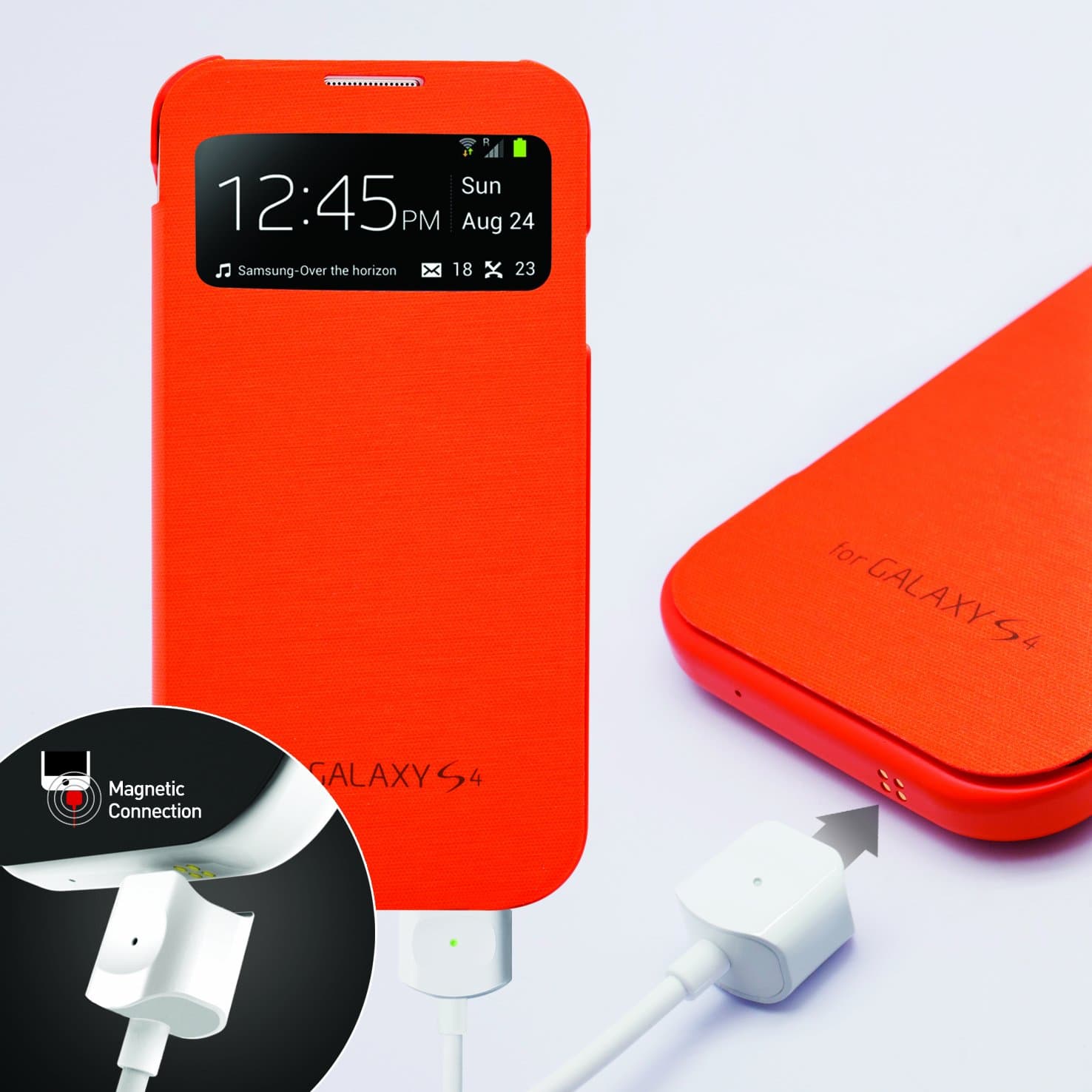 MagNector Orange S-View Protective Flip Cover Hard Case w/ Pogo Magnetic Charge & Sync Data Cable Combo for Samsung Galaxy S4