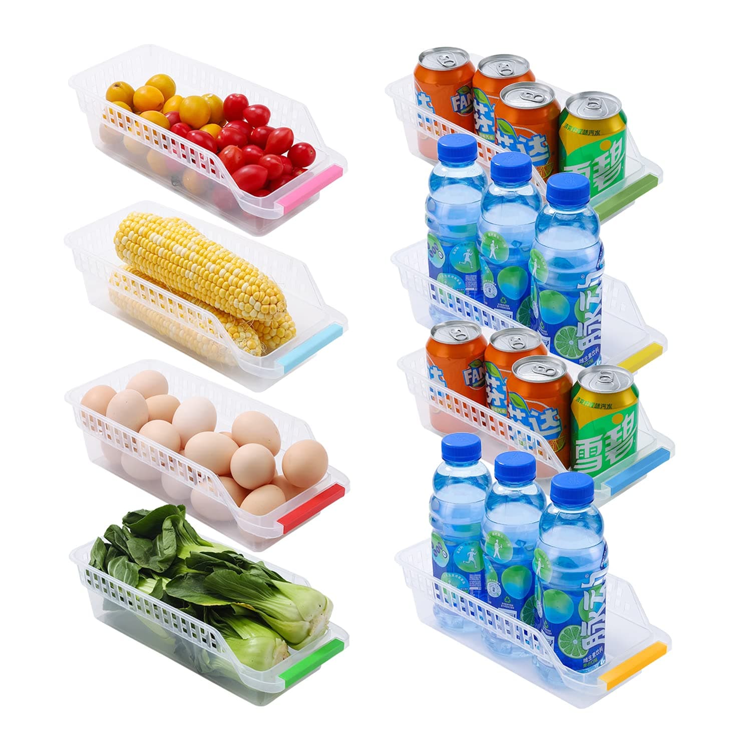 Fridge Organisers Refrigerator Durable Storage Organizer Fruit Handled Kitchen Collecting Box Basket Rack Stand Basket Container (8Pcs)