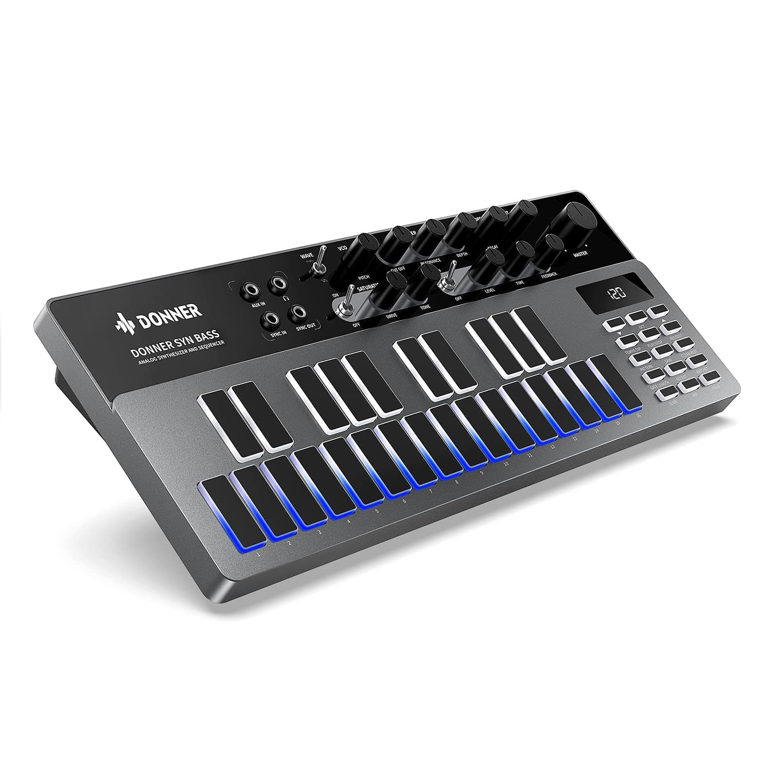 Analogue Bass Synthesizer and Sequencer, B1 Controller with 128 Patterns, Saturation and Delay Effects, LED Display and MIDI IN/OUT