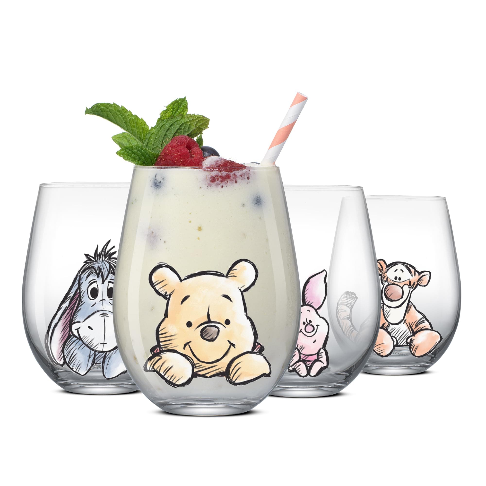 Disney Winnie the Pooh Exploring a Classic Stemless Drinking Glasses, 19oz Glass Cups ft Pooh Bear Tigger Piglet Eeyore, Kitchen Glassware Set of 4, Winnie the Pooh Adult Gifts