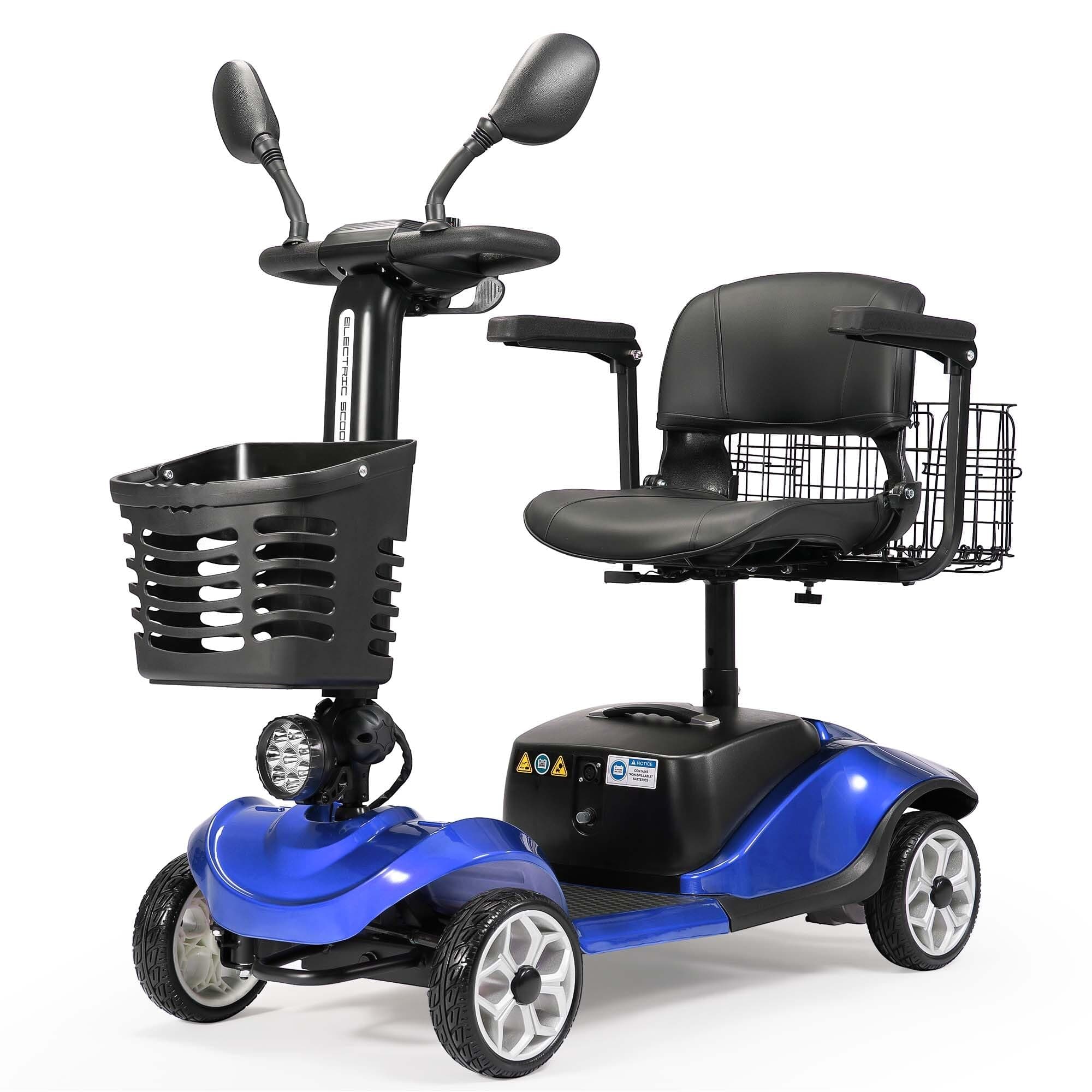 Compact 4 Wheel Mobility Scooter with Display, Foldable Electric Scooter for Seniors and Adults, Heavy Duty Travel Model with Lights, Basket, and Long-Lasting Extended (Blue-with Rear Basket)