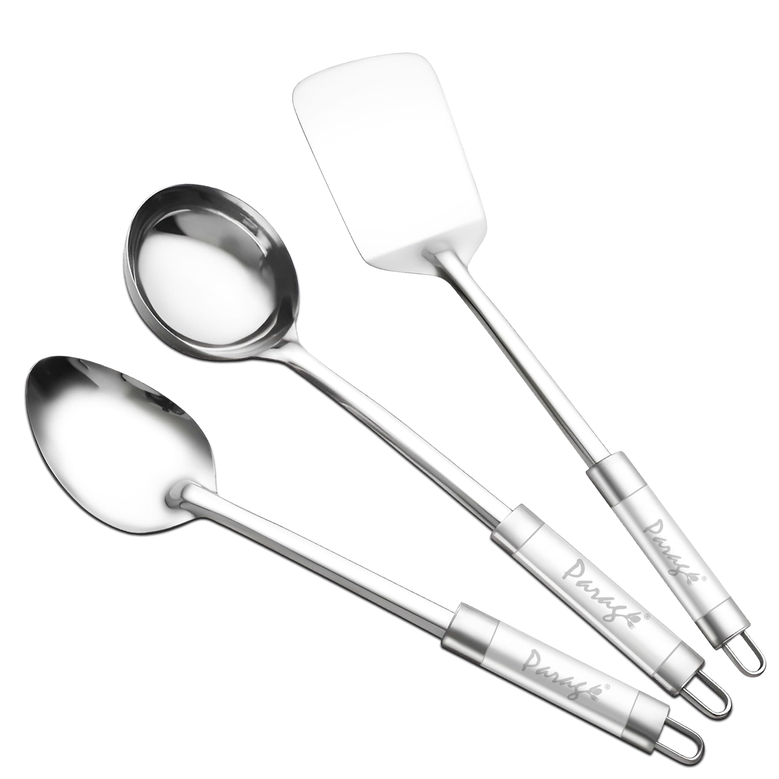 Parage 3 Pieces Stainless Steel Kitchen Tools for Home & Kitchen, Cooking & Serving, Basting Spoon (Chamcha), Ladle(Karchhi), Turner/Spatula (Palta), Dual Tone Handle Kitchen Gadgets, Silver