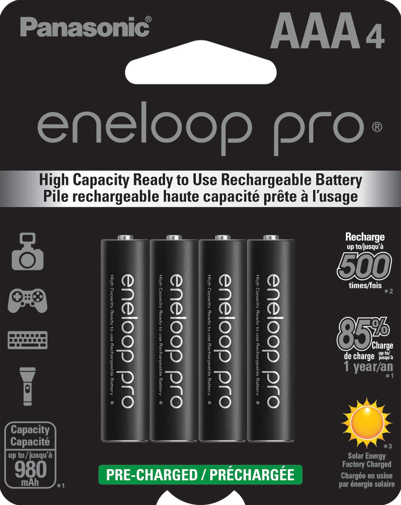 Panasonic Bk-4Hcca4Ba Eneloop Pro Aaa High Capacity Ni-Mh Pre-Charged Rechargeable Batteries, Black, 4 Pack