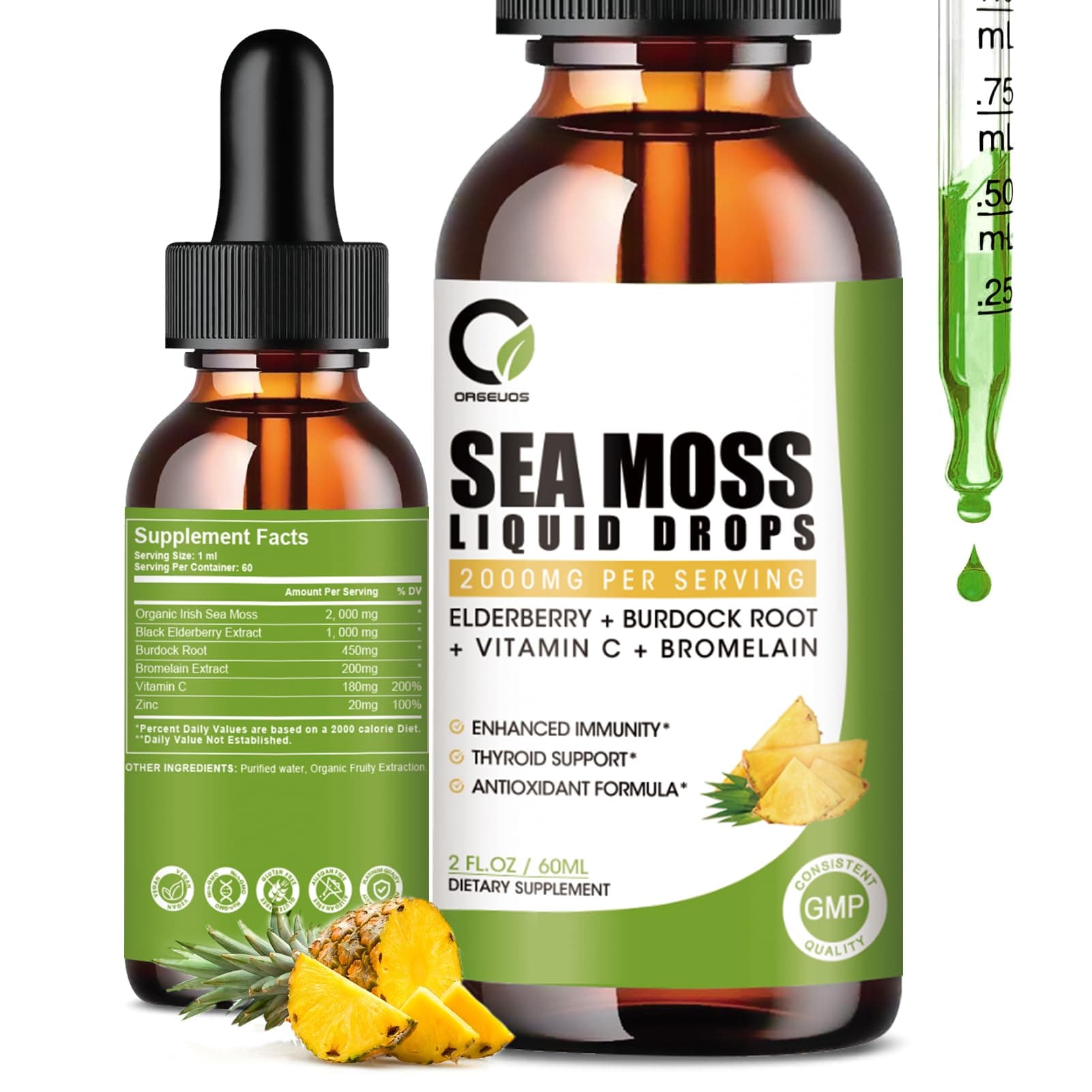 Sea Moss Drops 2000mg, Irish Sea Moss Supplement Supports Immunity, with Black Elderberry, Burdock Root, Bromelain, Vitamin C & Zinc, 2 Fl.Oz, Pineapple Flavor