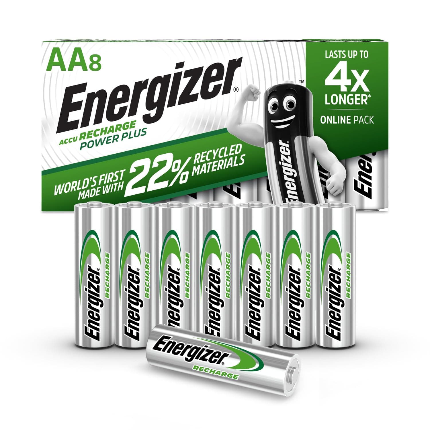 Energizer Recharge Power Plus - Rechargeable AA Batteries (8 Pack) - 2000 mAh NiMH Triple A Battery - 100% Recyclable Plastic Free Packaging