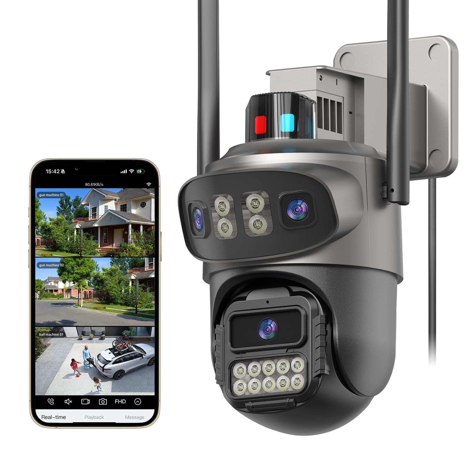 Three Lens Security Camera Outdoor, Outside Cameras for Home Security with Cord, IP66 Waterproof, AI Tracking, Light Alarm, Color Night, 2-Way Talk, 24/7 Record,SD/Cloud