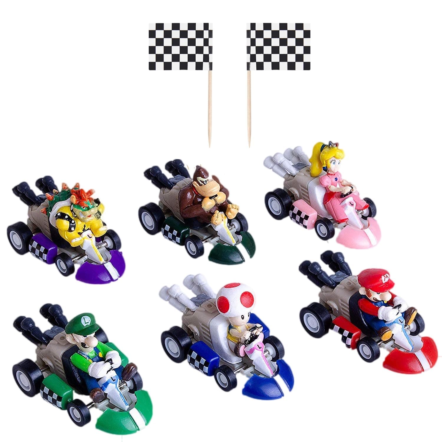 ChezMax 6 Pcs Mini Super Character Kart Pull Back Cars Cake Topper Figures Toy Set (2"),12 Pcs Racing Flag Cakecup Topper