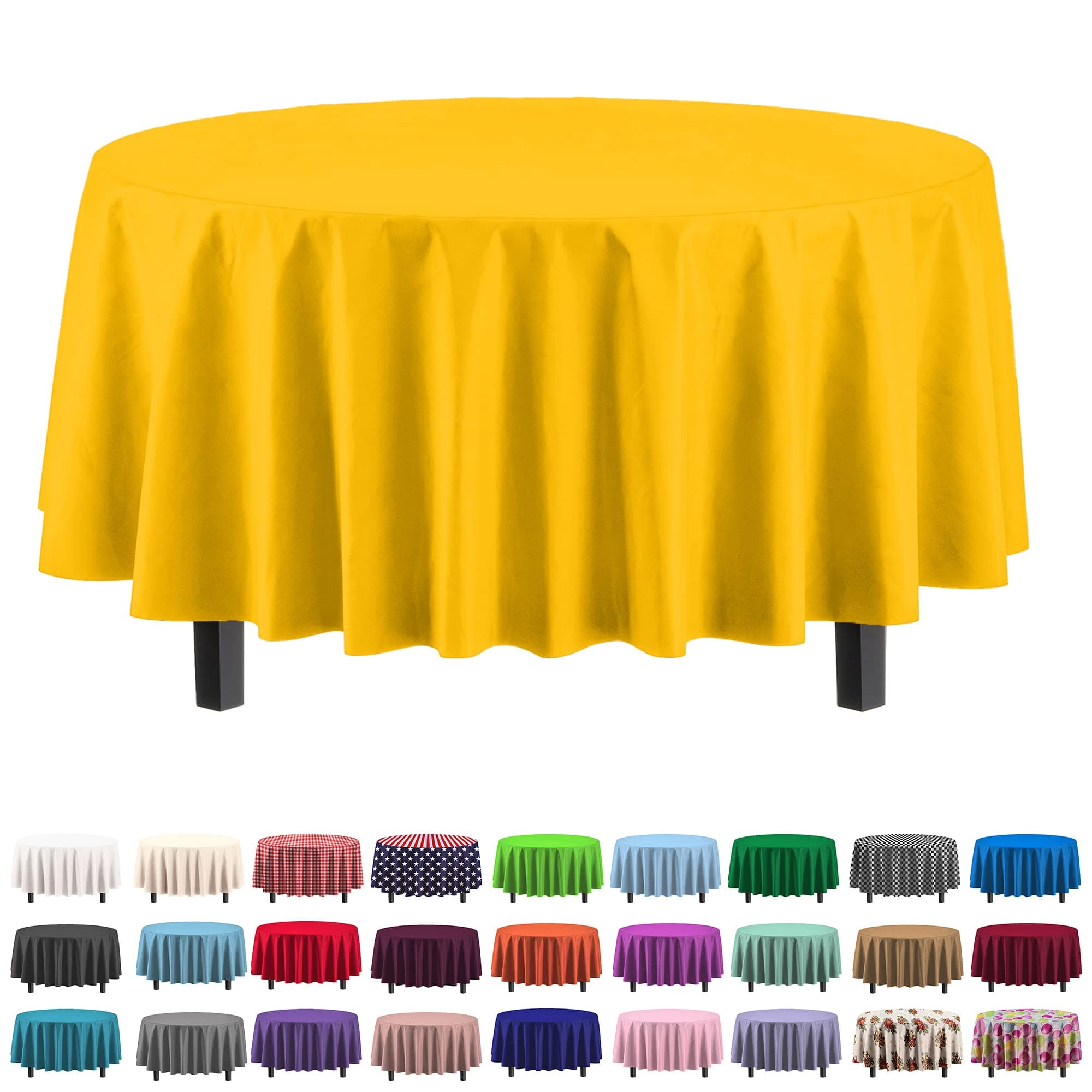 Exquisite 12-Pack Premium Plastic Tablecloth 84in. Round Table Cover - Yellow