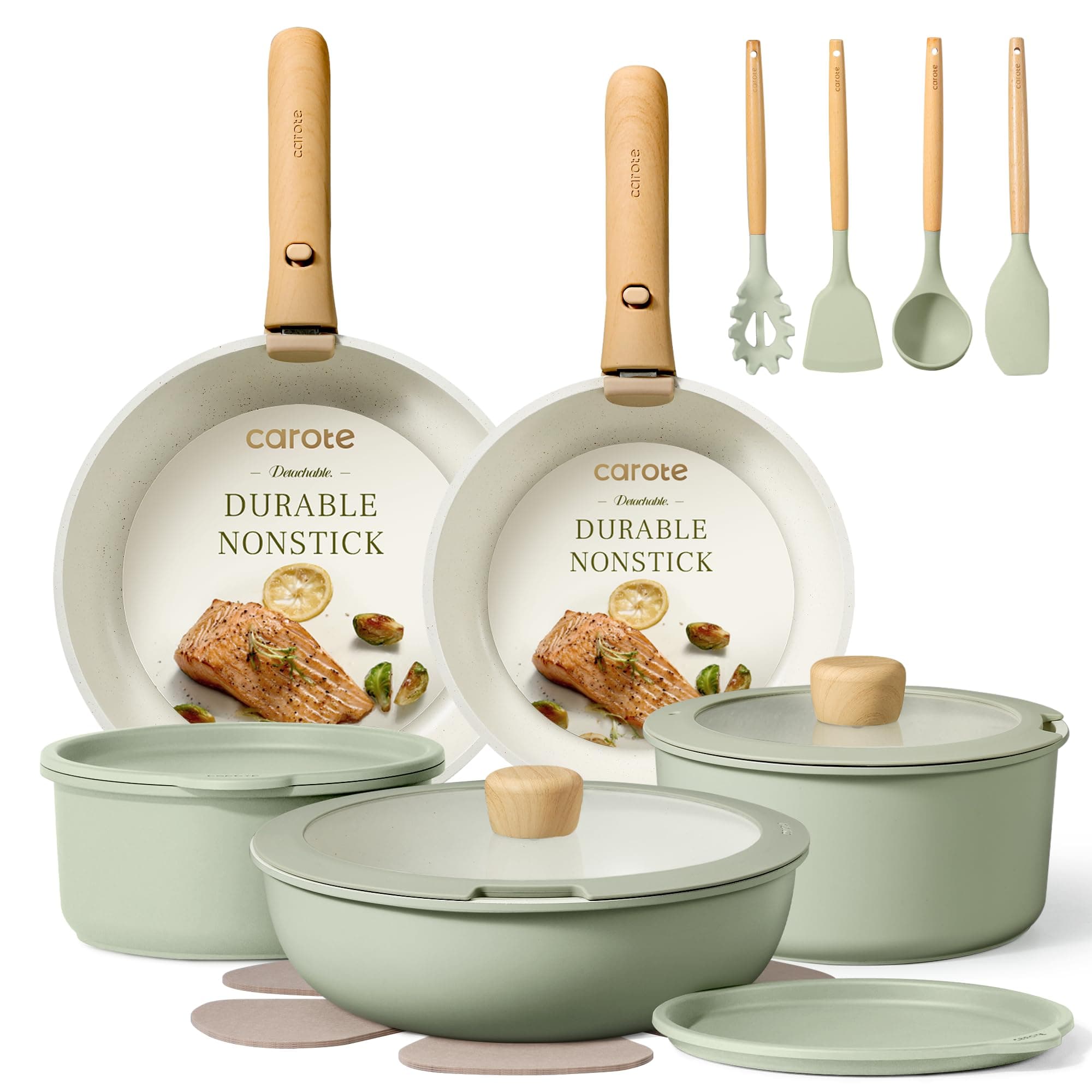 Pots and Pans Set, Nonstick Cookware Set Detachable Handle, 19pcs Induction Kitchen Cookware Sets Non Stick with Removable Handle, RV Cookware Set, Oven Safe, Sage Green