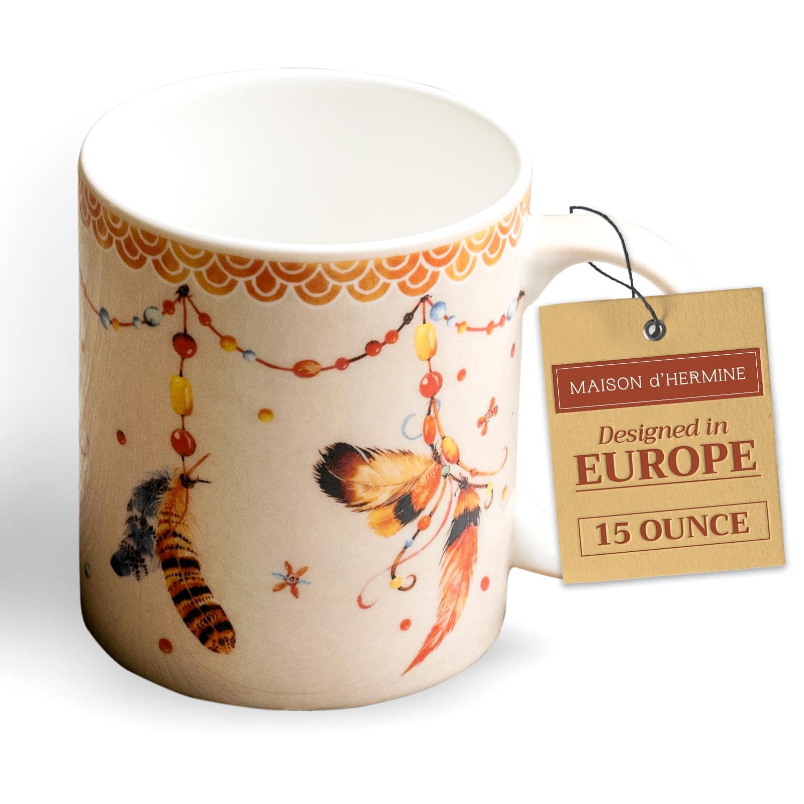 Maison d' Hermine Coffee Mug with Handles Fine Bone China Mugs Pack of One Tea Cups for Hot Beverages Cappuccino Latte Home Restaurant Office Perfect for Gift (Ibiza - Beige - Feather, 15 Ounce)