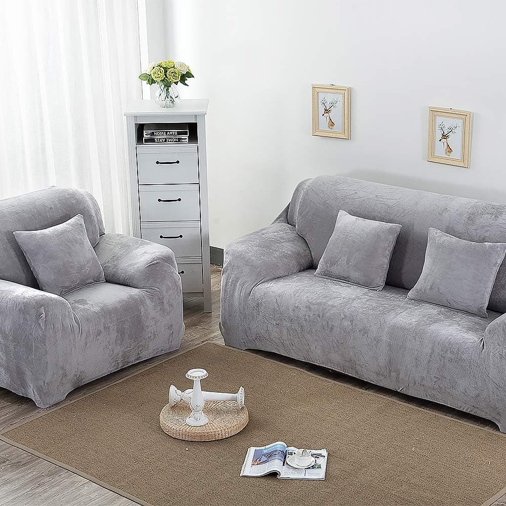 RUILASA Thick Sofa Covers for 1/2/3/4 Seater, Pure Color Sofa Protector Velvet Easy Fit Elastic Fabric Stretch Couch Slipcover (Grey, 2 Seater)