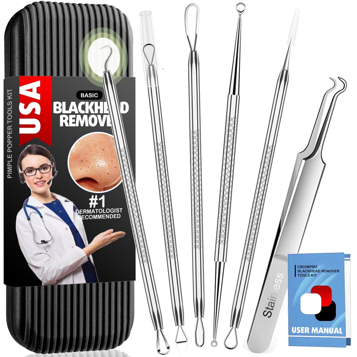 6 Pack Blackhead Remover Tools, Pimple Popper Tool Kit, Professional Blackhead Extractor for Zit, Acne, Whitehead, Comedone on Nose - with Case