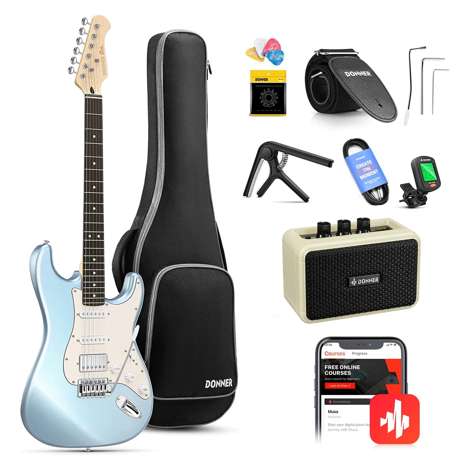 Electric Guitar, 39" Electric Guitar Kit HSS Pickup Coil Split, DST-152R Beginner Set with Amp, Bag, Capo, Strap, String, Tuner, Cable, Picks, Metallic Ice Blue