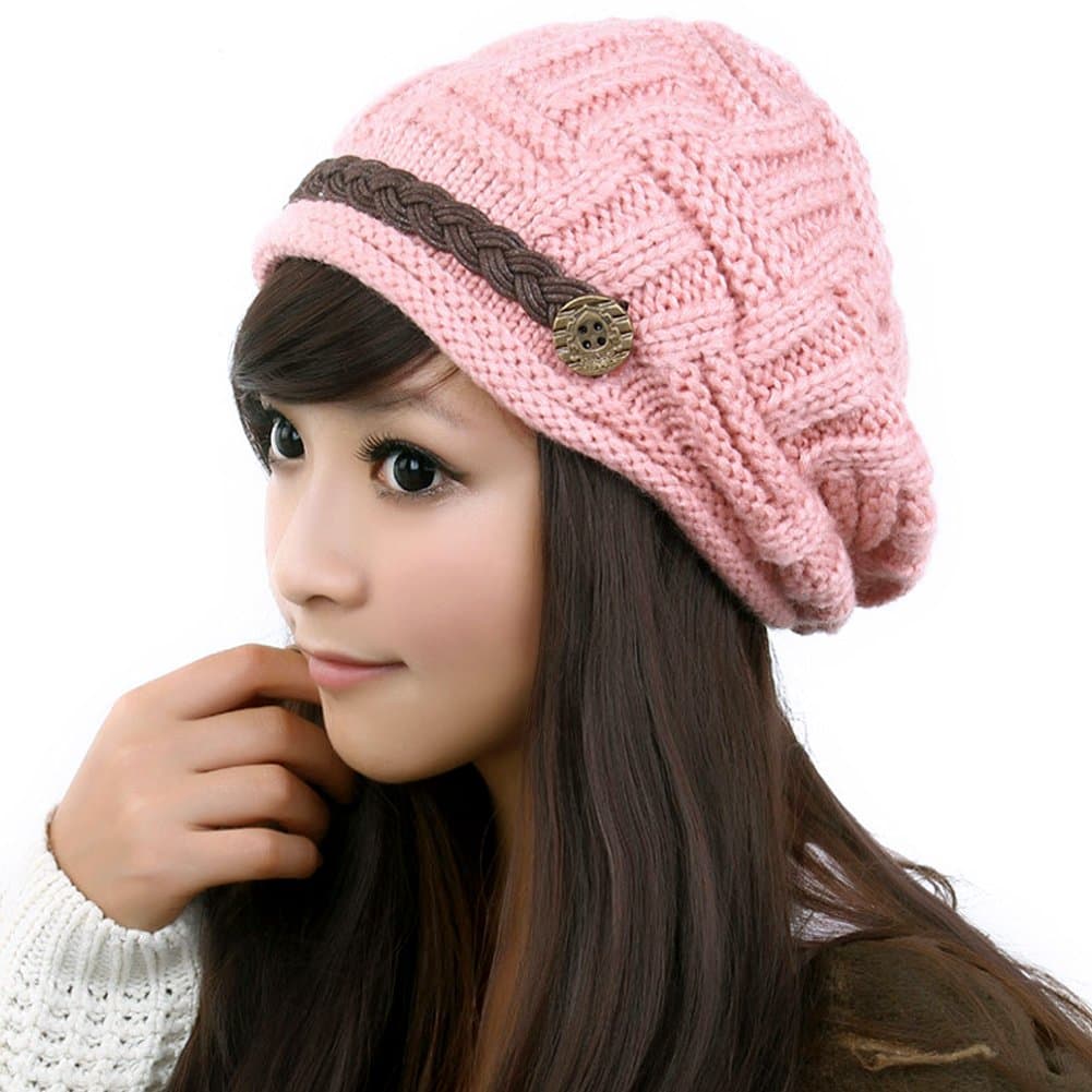 LOCOMO Women Cabled Checker Pattern Knit Beanie Hat Cap Button Strap FFH080PNK Pink
