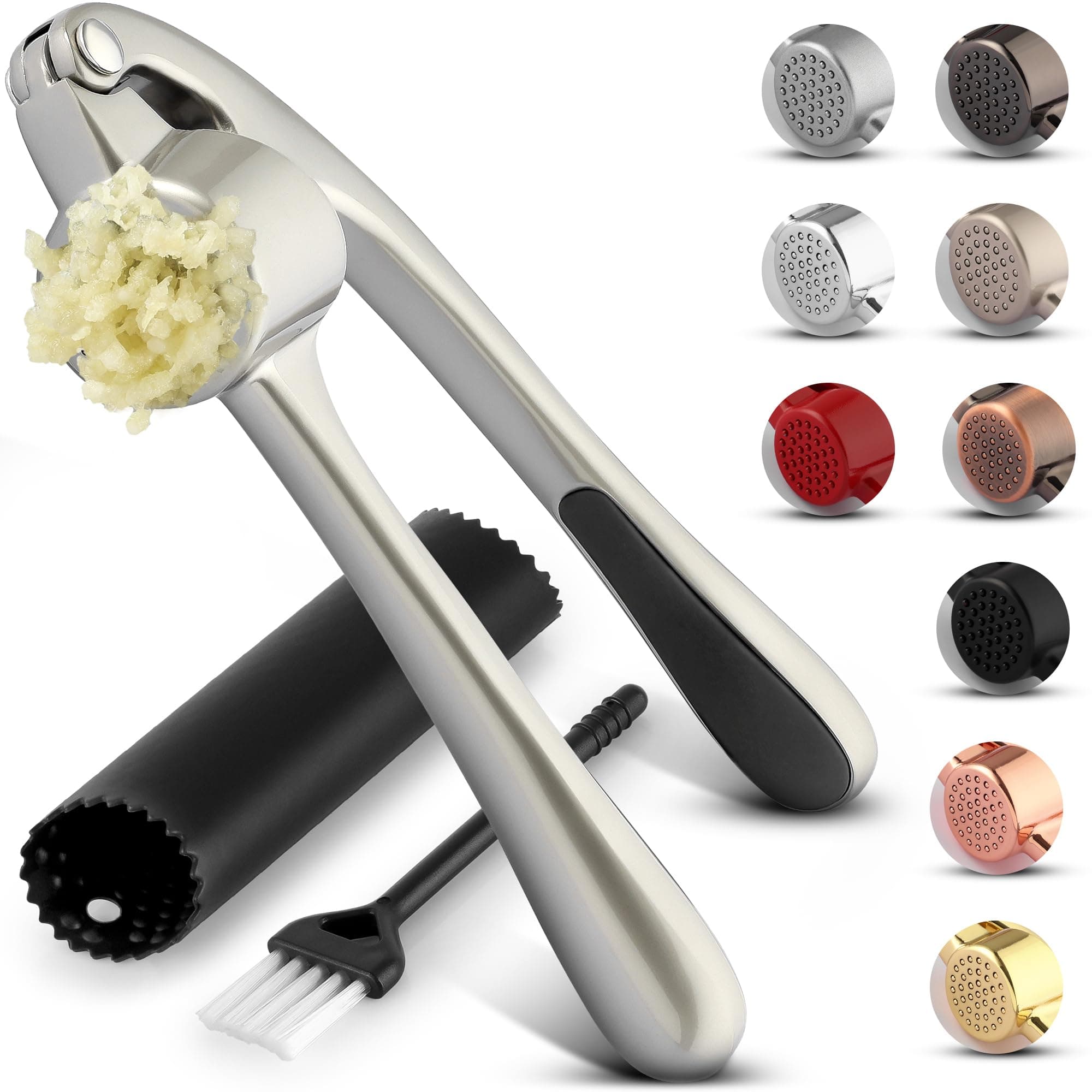 Premium Garlic Press Set - Rust Proof & Dishwasher Safe Professional Garlic Mincer Tool - Easy-Squeeze, Easy-Clean with Soft, Ergonomic Handle - Silicone Garlic Peeler & Brush (Silver)