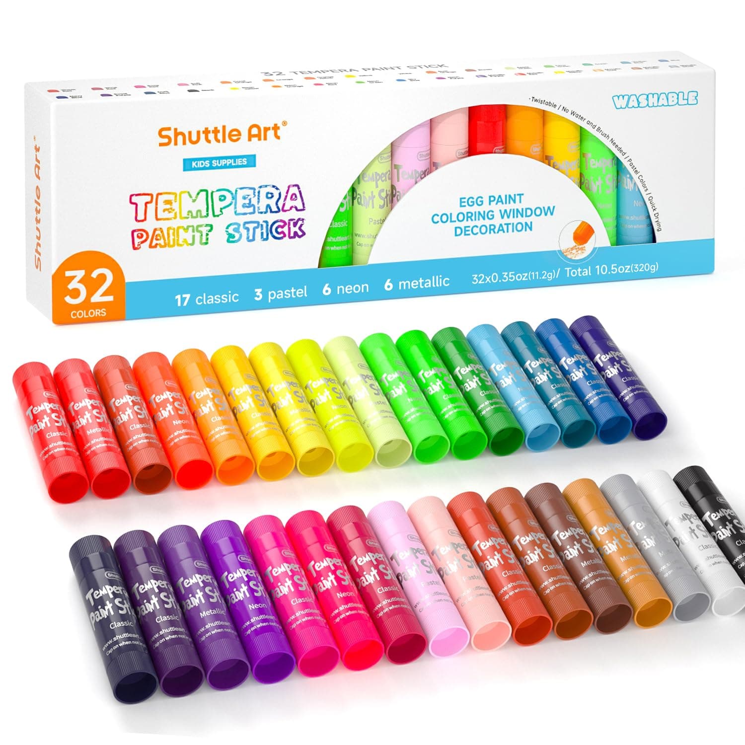 Shuttle Art Tempera Paint Sticks, 32 Colors Solid Tempera Paint for Kids, Super Quick Drying, Works Great on Paper Wood Glass Ceramic Canvas