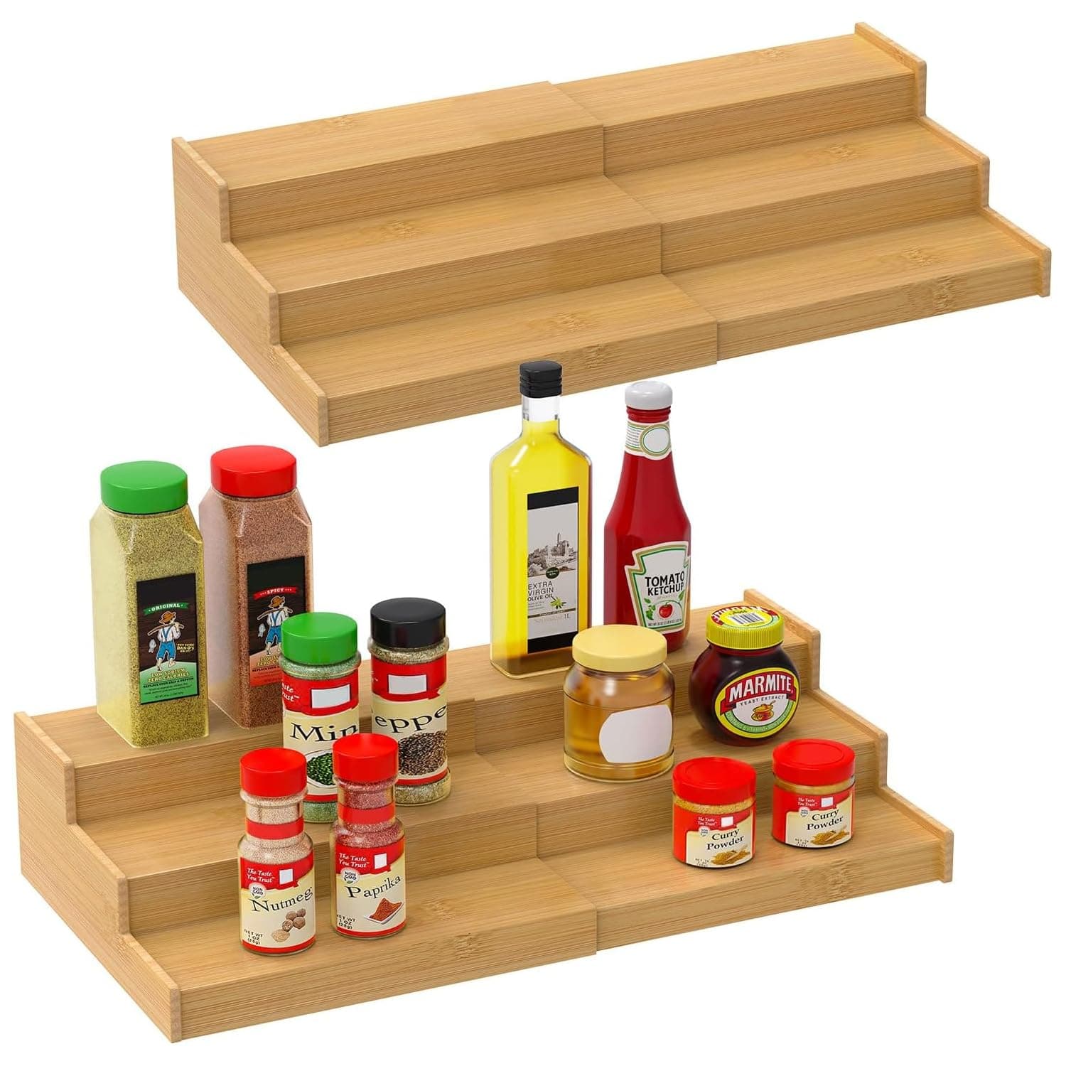 Exrp Spice Rack Kitchen Cabinet Organizer- 3 Tier Bamboo Expandable Display Shelf