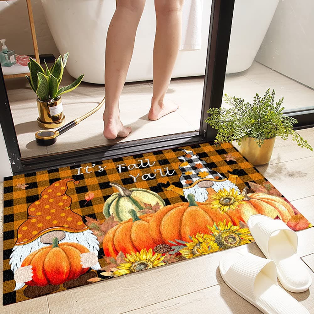 delaimastor Fall Gnome Pumpkins Decorative Doormat, Fall Thanksgiving Rustic Yard Low-Profile Floor Mat for Indoor Outdoor Gnome Plaid Maple Leaves Farmhouse Seasonal Decorative Doormat