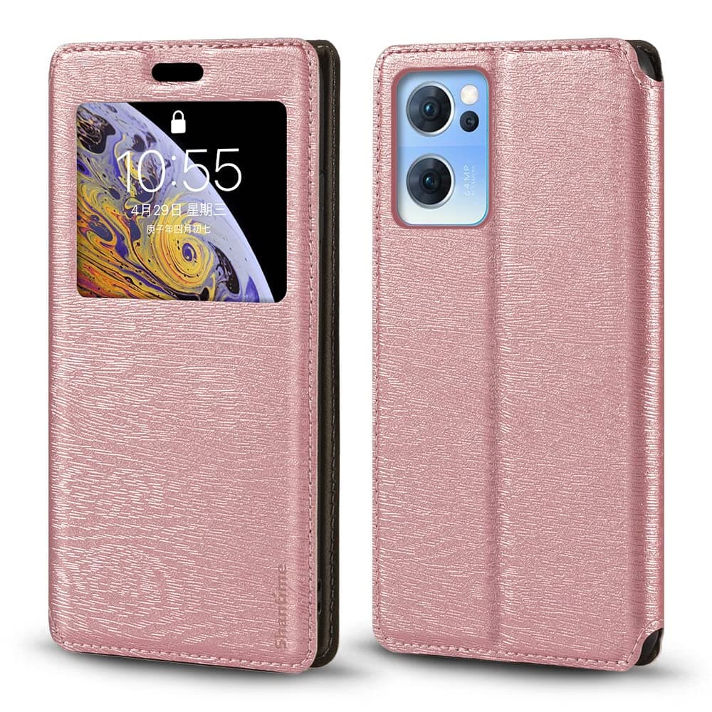 Viewable Window Leather Flip Case Compatible with OPPO Reno 7 5G China, Elegant Design Clear Display Invisible Magnetic Cover and Card Slot(Rose Gold)