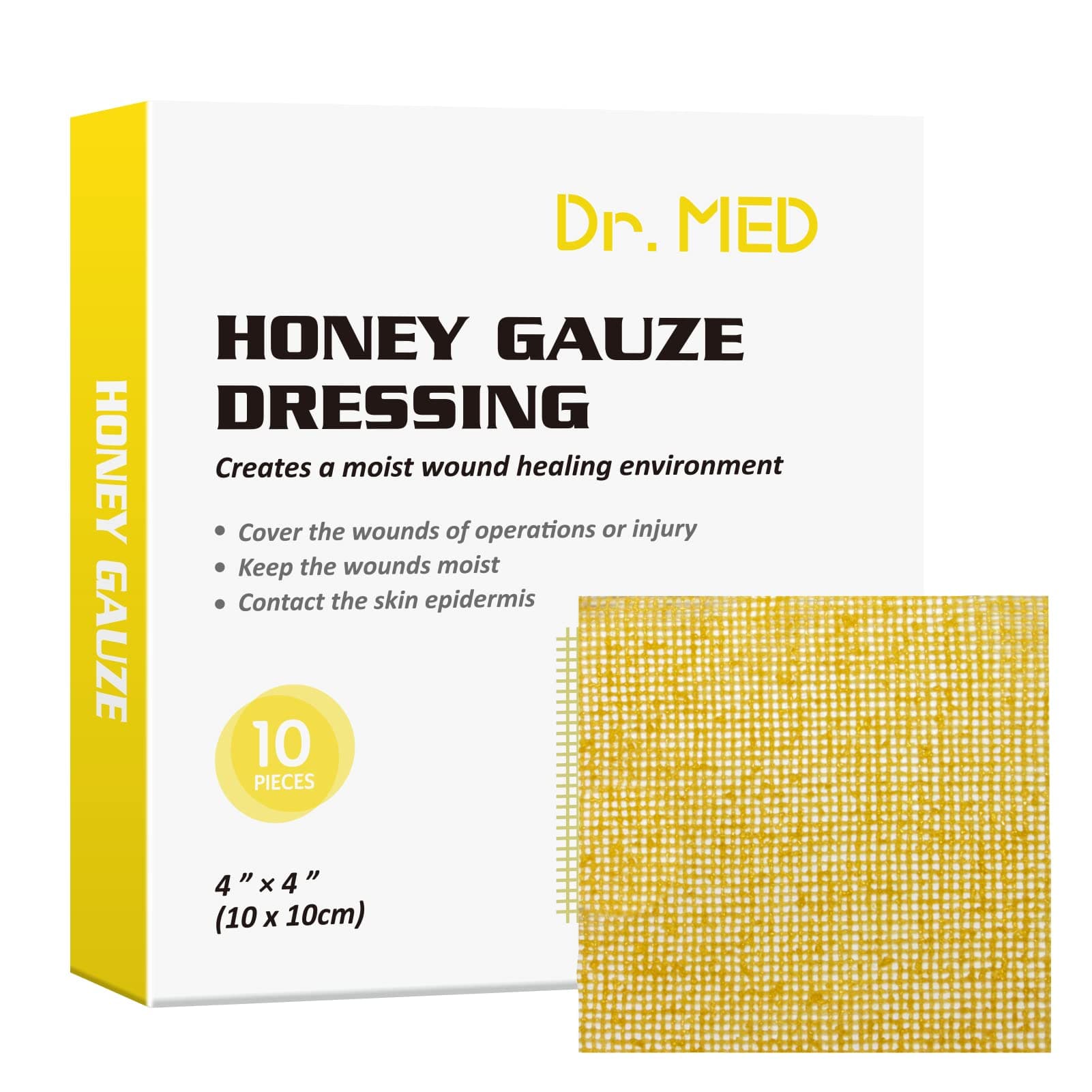 Dr. Med Honey Gauze Dressing 4" x 4", 10 Pcs/Box Honey Medical Bandage Tulle Mesh Patch for Minor Abrasions, Cuts, Lacerations, Scald and Burns for Wound Healing, Chemical and Drug Free