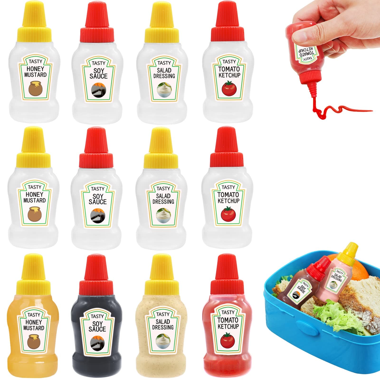 Xuyyicao 12 Pcs Mini Ketchup Bottles,25ml Condiment Squeeze Bottles,Plastic Sauce Container for Kids,Office,Bento Box,Picnic,Honey,Salad Dressing