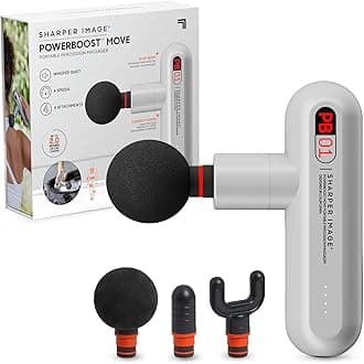 Sharper Image Powerboost Move - Mini Percussion Massage Gun| 4 Attachments, 4 Speeds, FSA Eligible| Full Body Back & Shoulder Massager| Deep Tissue Muscle Recovery| Portable Pain Relief Massage Tool