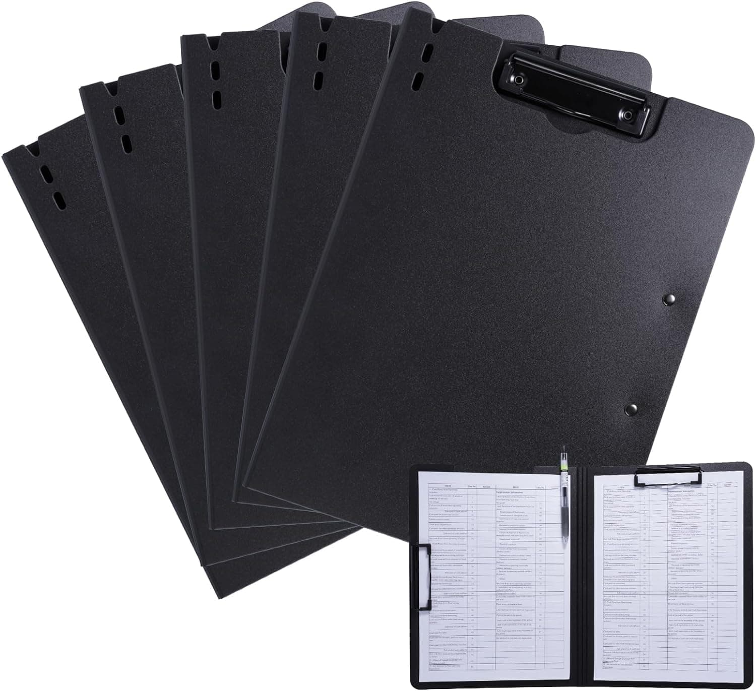 FRETONBA Clipboard Folder, 5 Pack A4 Foldable Clipboard with Horizontal and Vertical Double Metal Clips, 360 Degree Foldable Binder Clipboards with Pen Holder, File Cover Folder Clipboards, Black