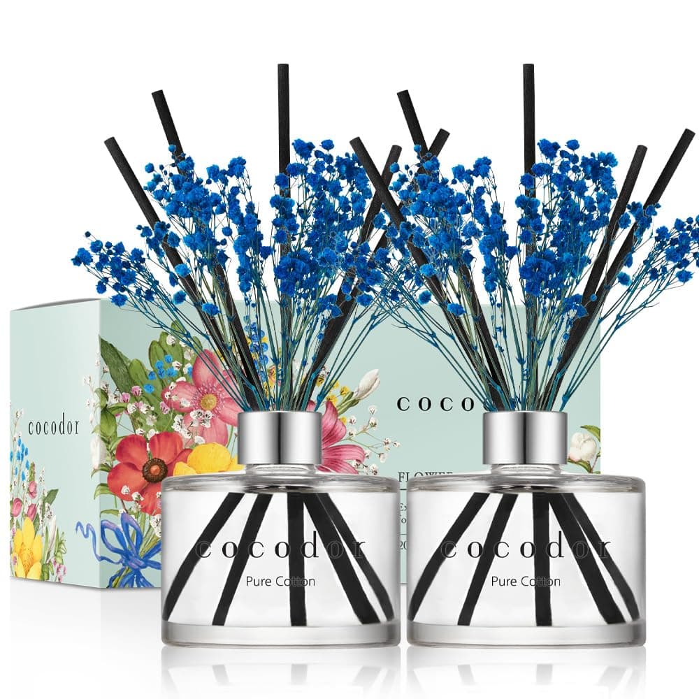 [COCODOR/Pure Cotton] Flower Reed diffusers Oil with a Set of 5 Fiber Sticks, 200ml*2packs, Best for Home, Kitchen, Bathroom. Diffusers with sticks