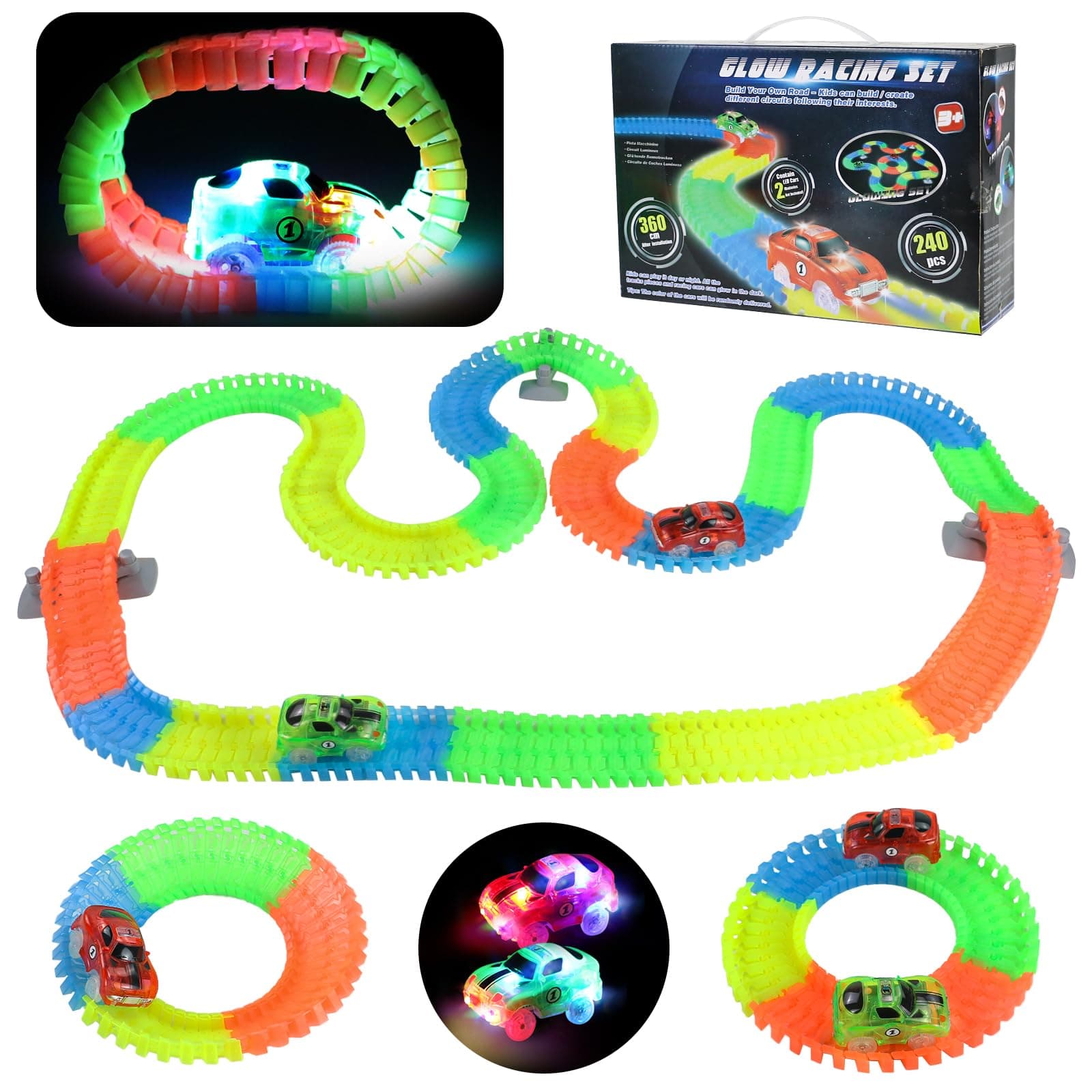 Glow Race Track, Flexible Variable Track 240 Pcs with 2 LED Cars Glowing at Night Great for Boys Girls Aged 3+