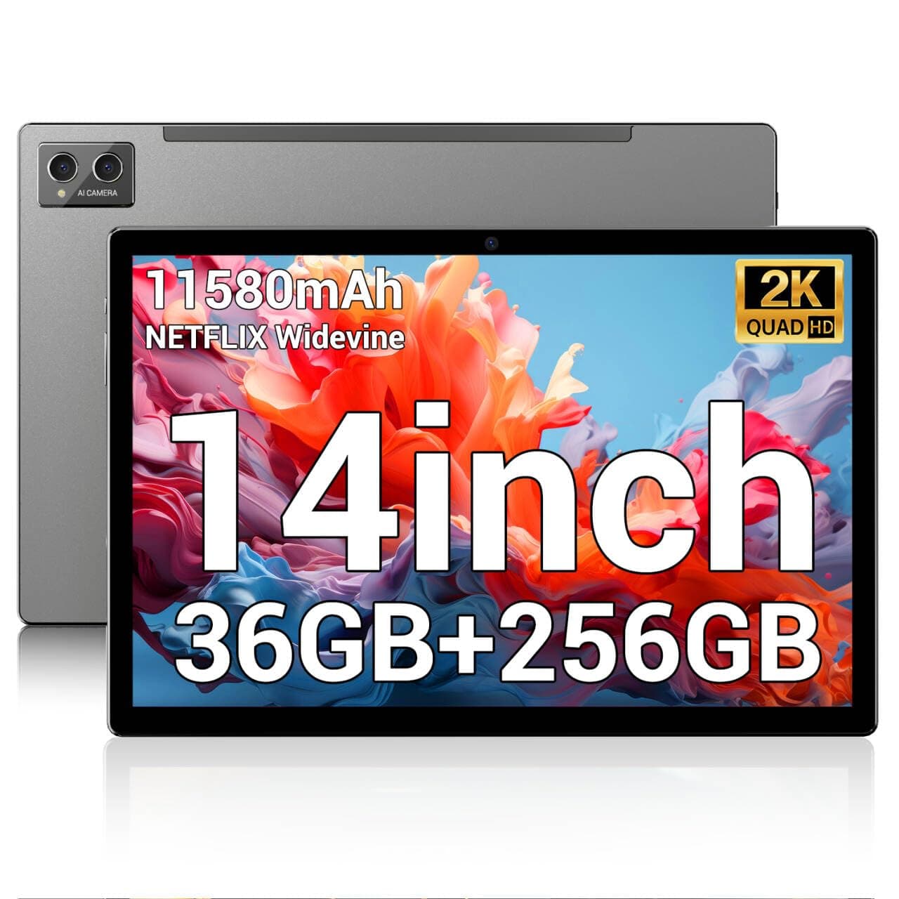 POWMUS 2025 Tablet 14 inch Android 14 Tablets, 2K Display, 256GB Storage(Expand to 1TB),36GB(12+24) RAM, 11580mAh Battery 8 Core CPU,4 Speakers, 5GHz WiFi Tablet with Case-Gray