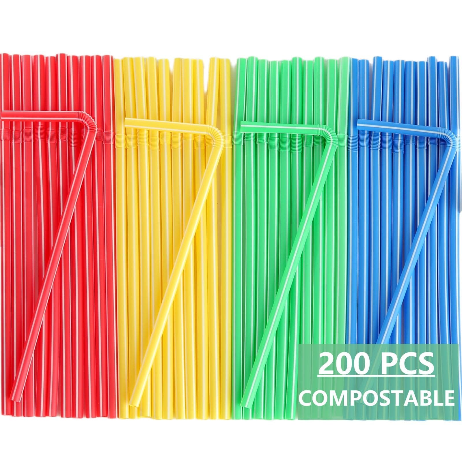 [200 Pcs] 100% Compostable Straws-VioBio Disposable Colorful Drinking Straws 8.25" Flexible PLA Straws Plant-Based Bendable Straws for Drinks, Beverages, Smoothies, Milkshake
